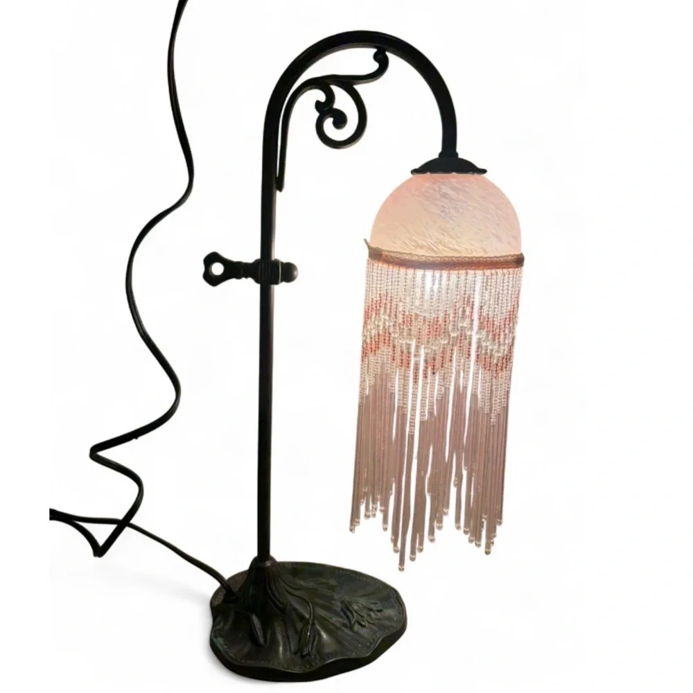 Vintage Victorian Style Beaded Glass Boudoir Table Light Lamp, Metal Leaf Base